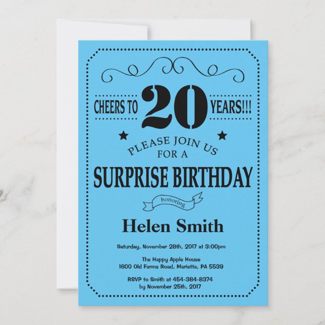 Invitation d'anniversaire surprise 20 ans Noir et  (Devant)
