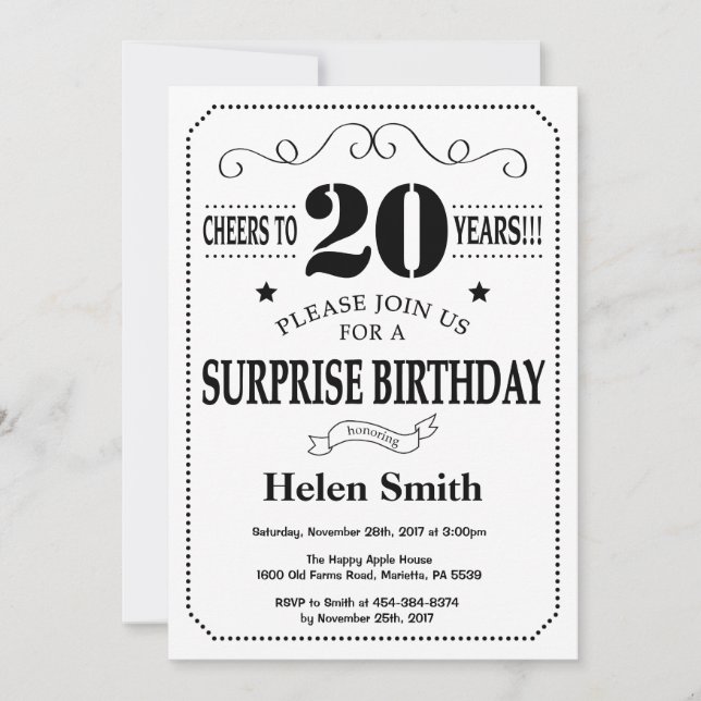 Invitation d'anniversaire surprise 20 ans noir et  (Devant)