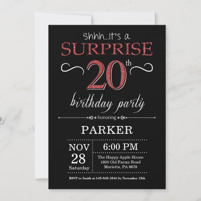 Invitation d'anniversaire surprise 20 ans noir et  (Devant)