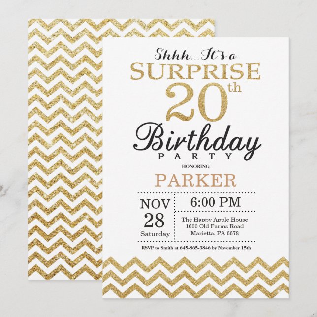 Invitation d'anniversaire surprise 20 ans paillett (Devant / Derrière)