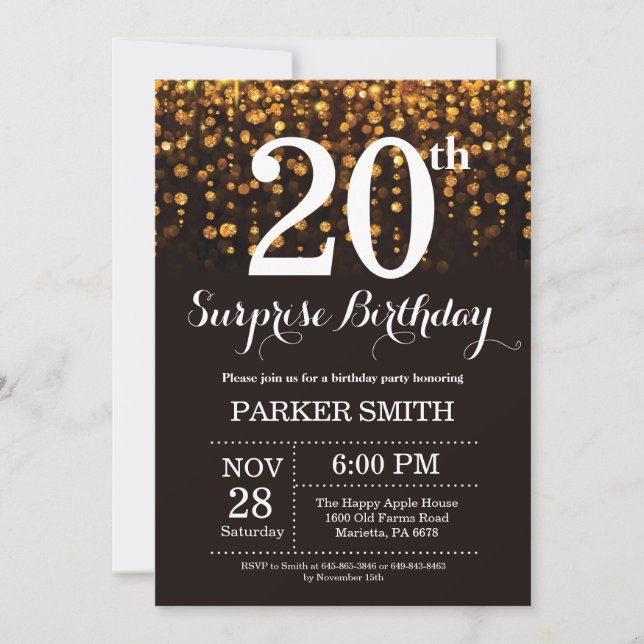 Invitation d'anniversaire surprise 20 ans paillett (Devant)