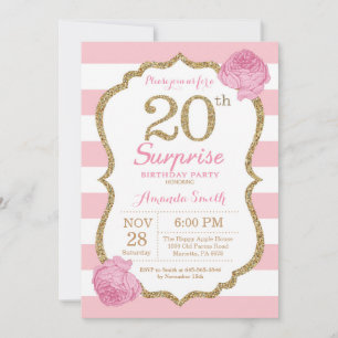Invitation d'anniversaire surprise 20 ans rose et 