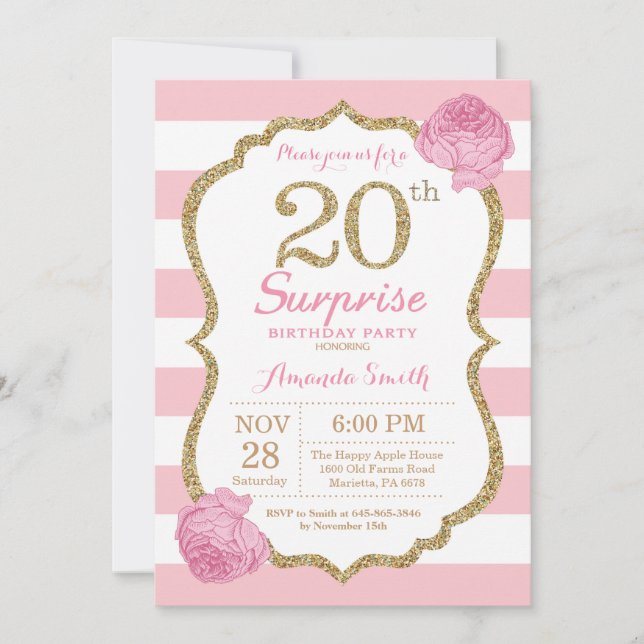 Invitation d'anniversaire surprise 20 ans rose et  (Devant)