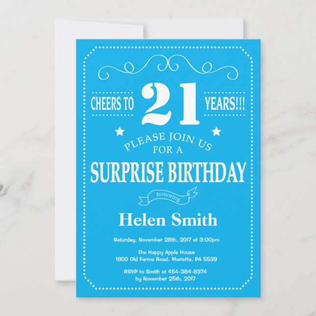 Invitation d'anniversaire surprise 21 ans bleu et  (Devant)