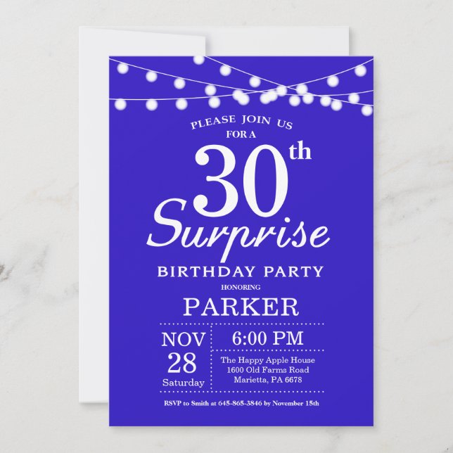 Invitation d'anniversaire surprise 30 ans Bleu Roy (Devant)