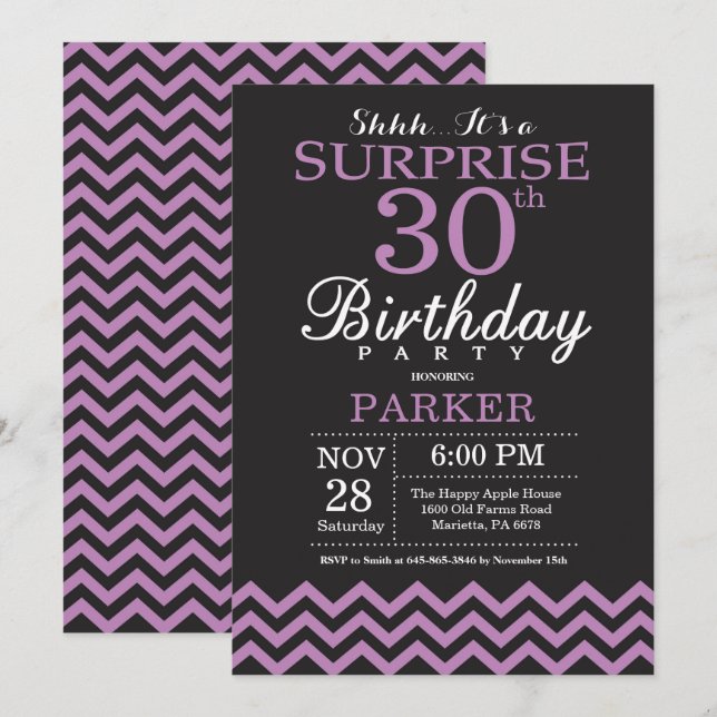 Invitation d'anniversaire surprise 30 ans noir et  (Devant / Derrière)