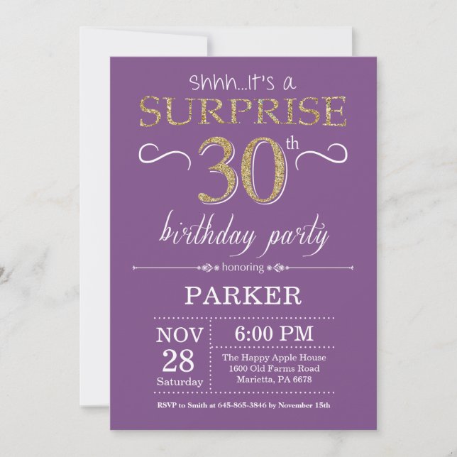 Invitation d'anniversaire surprise 30 ans violet e (Devant)