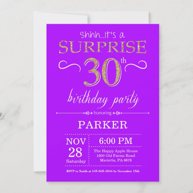Invitation d'anniversaire surprise 30 ans violet e (Devant)