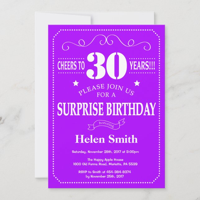 Invitation d'anniversaire surprise 30 ans violet e (Devant)