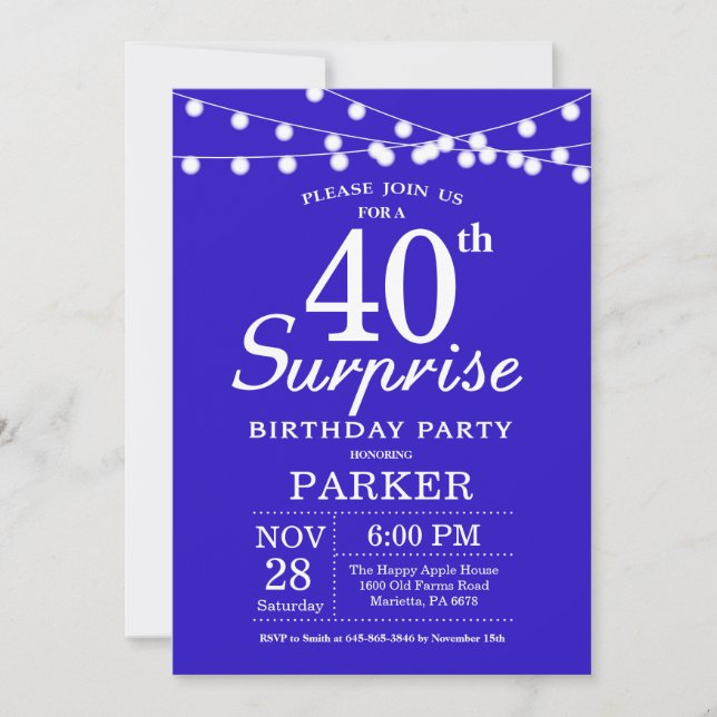 Invitation d'anniversaire surprise 40 ans Bleu Roy (Devant)
