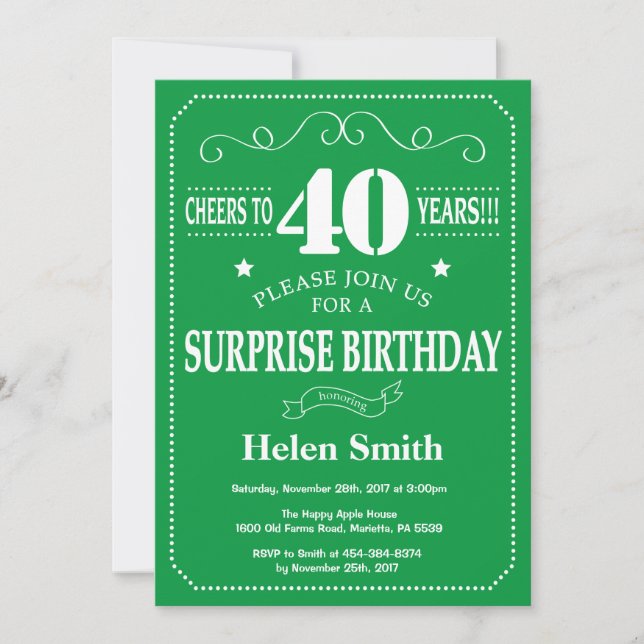 Invitation d'anniversaire surprise 40 ans vert et  (Devant)
