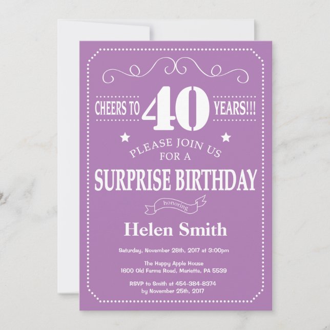 Invitation d'anniversaire surprise 40 ans violet e (Devant)