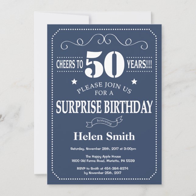Invitation d'anniversaire surprise 50 ans Bleu et  (Devant)