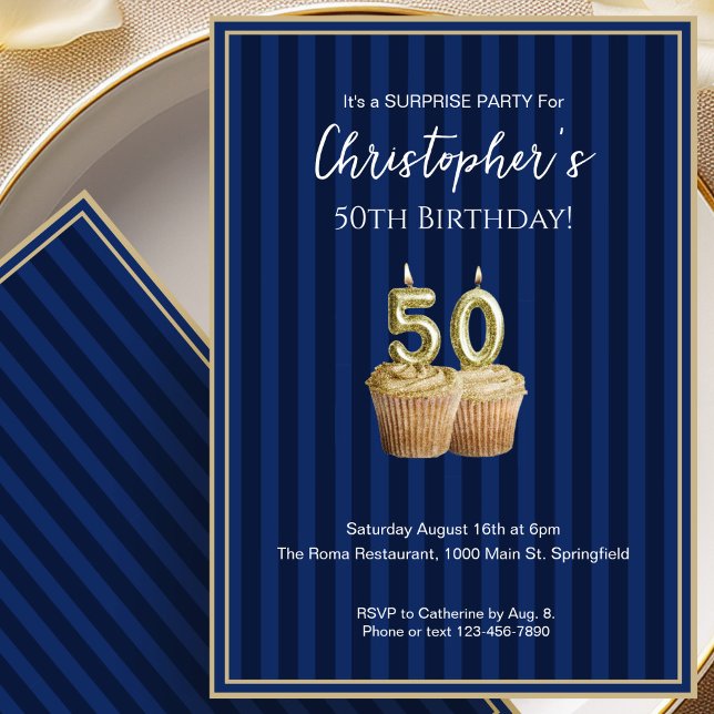 Invitation d'anniversaire surprise 50 ans Blue Gol (Créateur téléchargé)