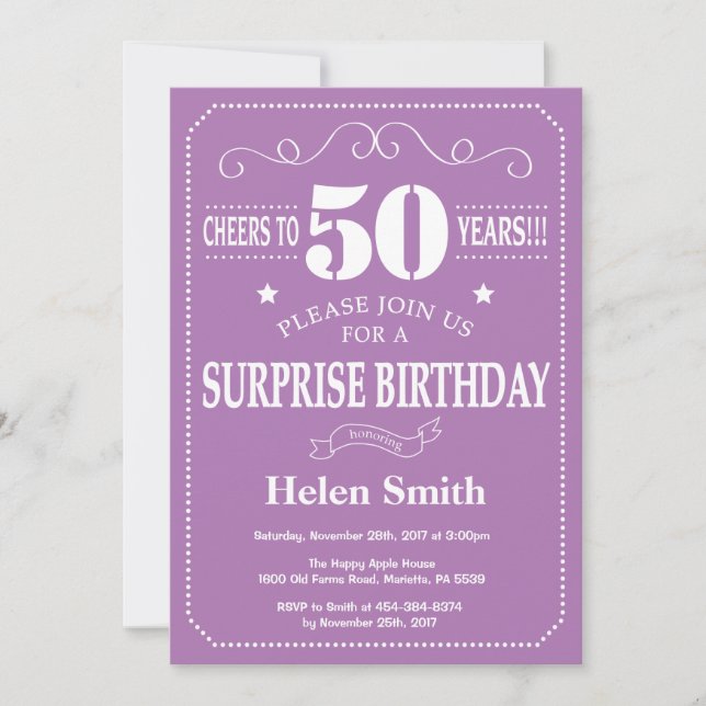 Invitation d'anniversaire surprise 50 ans Violet e (Devant)