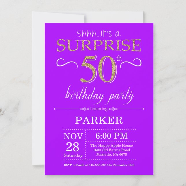 Invitation d'anniversaire surprise 50 ans violet e (Devant)