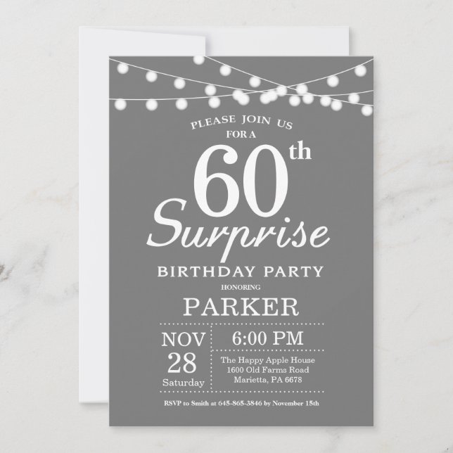 Invitation d'anniversaire surprise 60 ans gris et  (Devant)