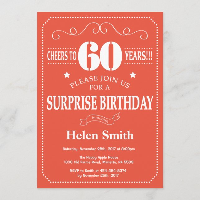 Invitation d'anniversaire surprise 60 ans Orange e (Devant)