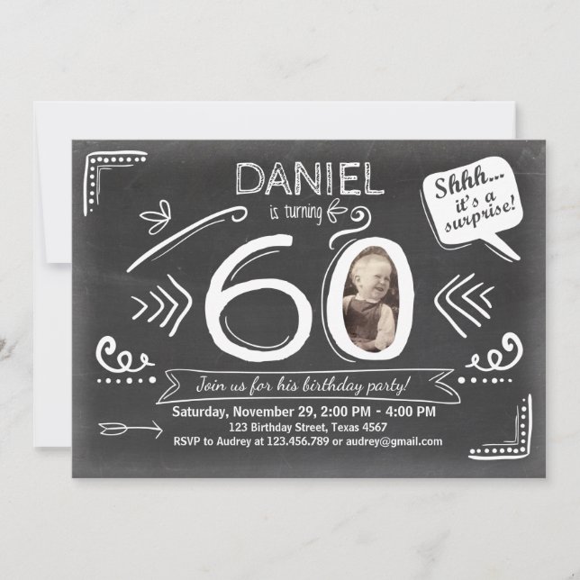 Invitation d'anniversaire surprise 60e Chalkboard (Devant)