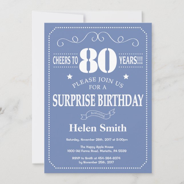 Invitation d'anniversaire surprise 80 ans bleu et  (Devant)