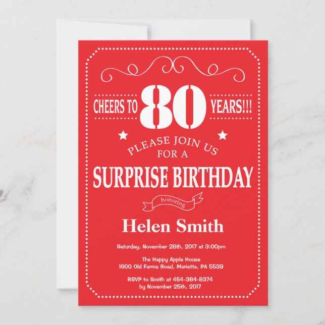 Invitation d'anniversaire surprise 80 ans rouge et (Devant)