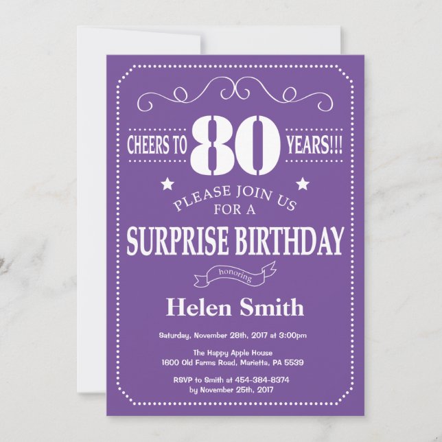 Invitation d'anniversaire surprise 80 ans violet e (Devant)