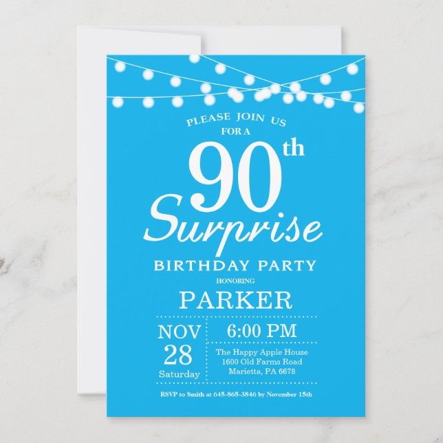 Invitation d'anniversaire surprise 90 ans Bleu (Devant)