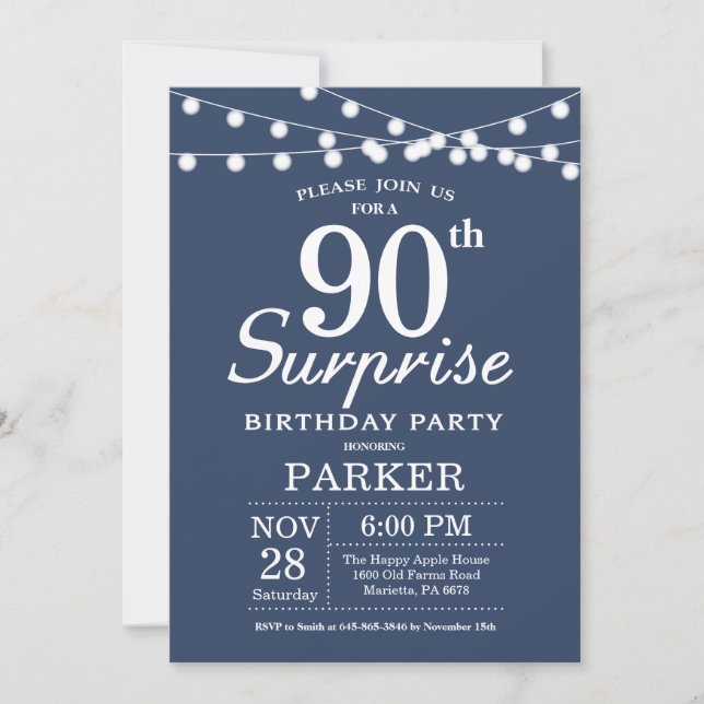 Invitation d'anniversaire surprise 90 ans Bleu (Devant)