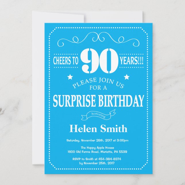 Invitation d'anniversaire surprise 90 ans bleu et  (Devant)