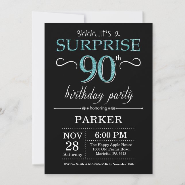 Invitation d'anniversaire surprise 90 ans noir et  (Devant)