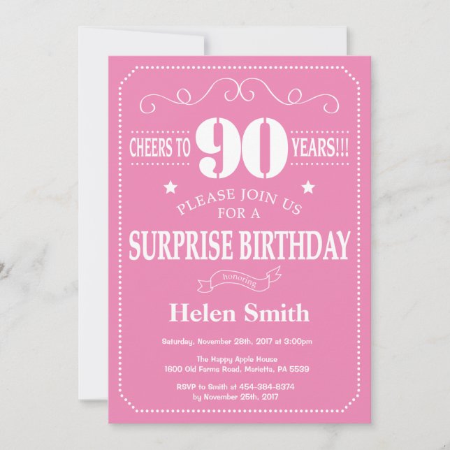 Invitation d'anniversaire surprise 90 ans rose et  (Devant)