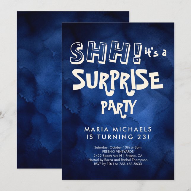 Invitation d'anniversaire surprise aquarelle bleu  (Devant / Derrière)