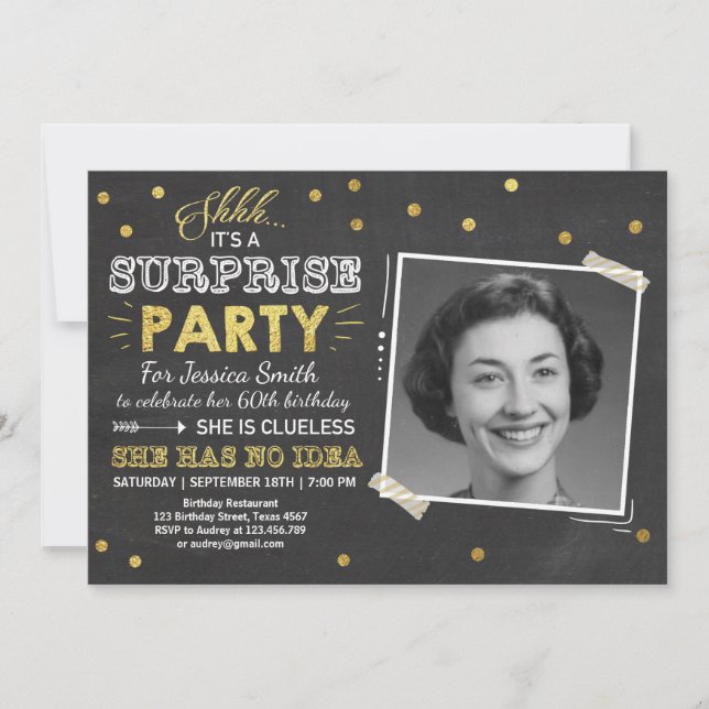 Invitation d'anniversaire surprise Chalkboard Gold (Devant)