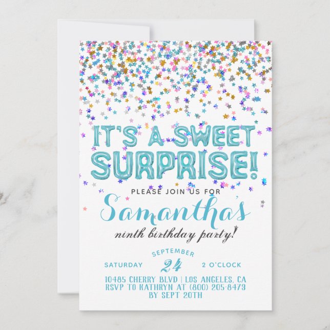 Invitation d'anniversaire surprise confetti doux (Devant)