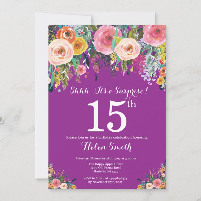 Invitation d'anniversaire surprise Fleurs Violette (Devant)