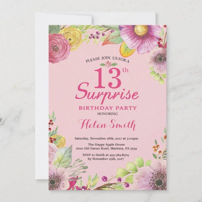 Invitation d'anniversaire surprise florale 13 ans  (Devant)
