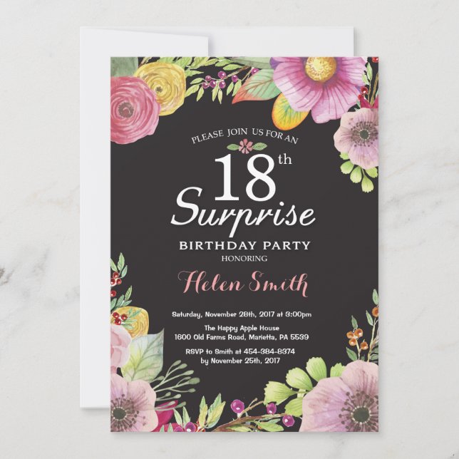 Invitation d'anniversaire surprise florale 18 ans  (Devant)