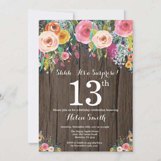 Invitation d'anniversaire surprise florale rustiqu (Devant)