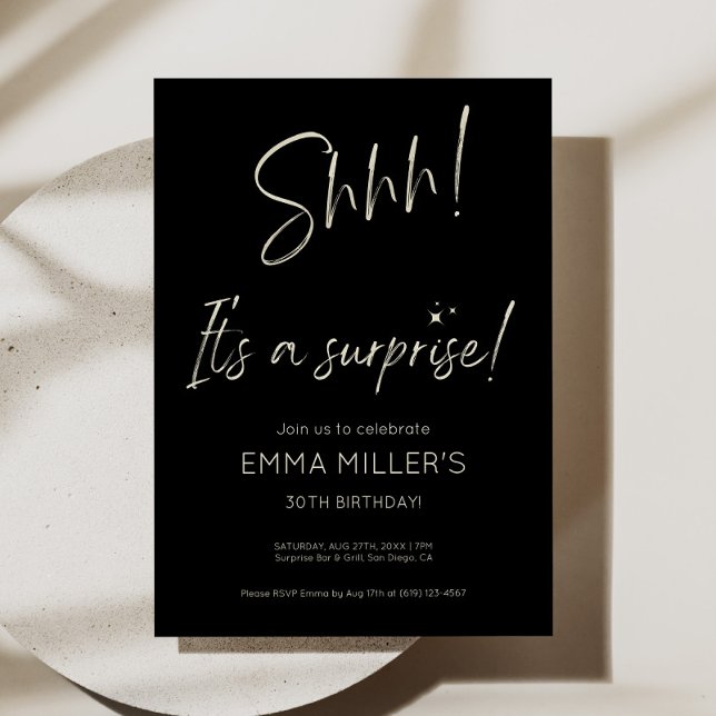Invitation d'anniversaire surprise minimaliste noi (minimalist black surprise invite, elegant surprise birthday invitation, modern black party invite, s)
