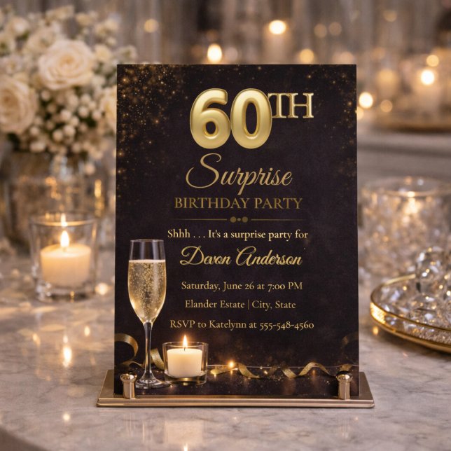 Invitation d'anniversaire surprise pour 60 ans en  (Golden shimmer and candlelight set the scene for a refined 60th surprise celebration)