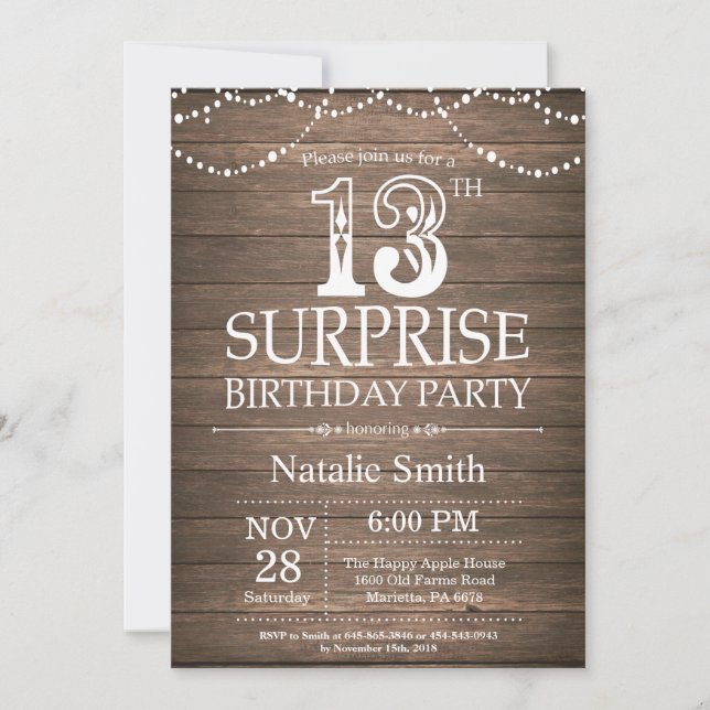 Invitation d'anniversaire surprise rustique 13 ans (Devant)