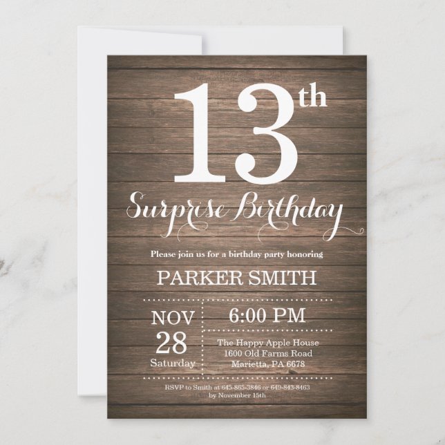 Invitation d'anniversaire surprise rustique 13 ans (Devant)