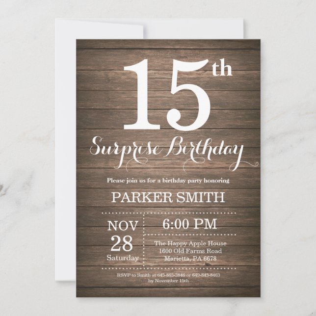 Invitation d'anniversaire surprise rustique 15 ans (Devant)