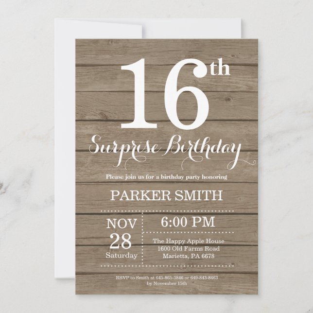 Invitation d'anniversaire surprise rustique 16 ans (Devant)