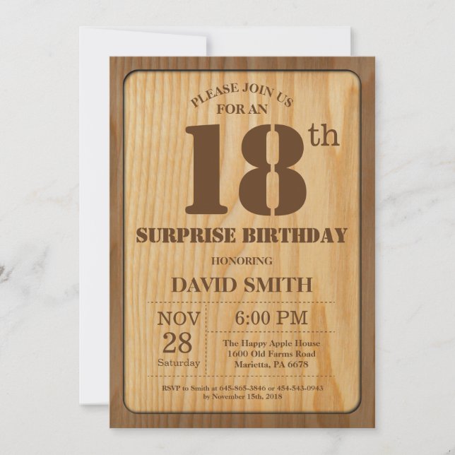 Invitation d'anniversaire surprise rustique 18 ans (Devant)