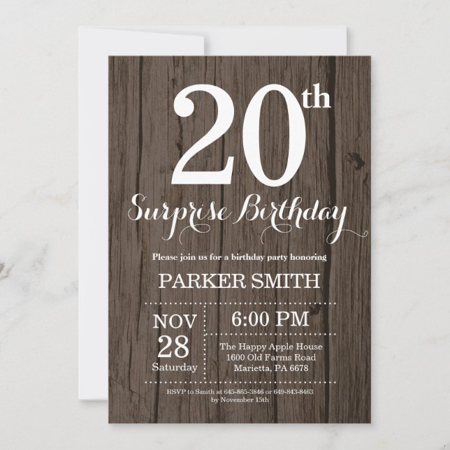 Invitation d'anniversaire surprise rustique 20 ans (Devant)