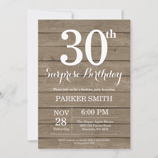 Invitation d'anniversaire surprise rustique 30 ans (Devant)
