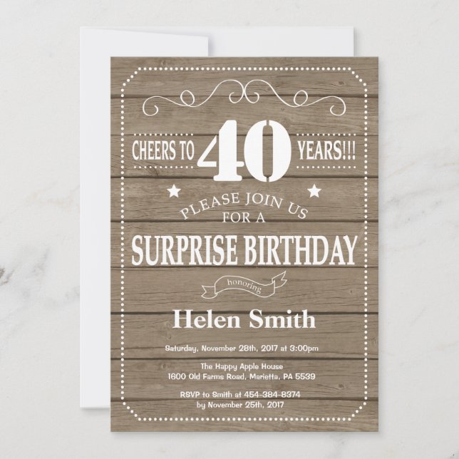 Invitation d'anniversaire surprise rustique 40 ans (Devant)