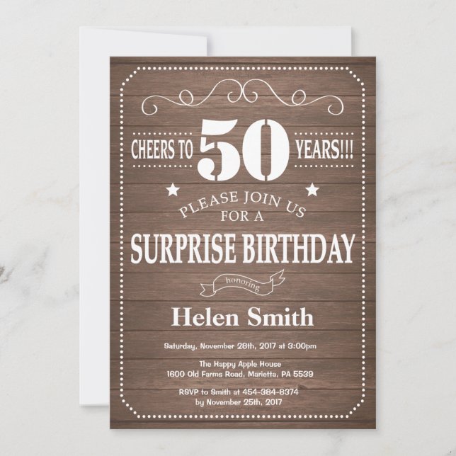 Invitation d'anniversaire surprise rustique 50 ans (Devant)