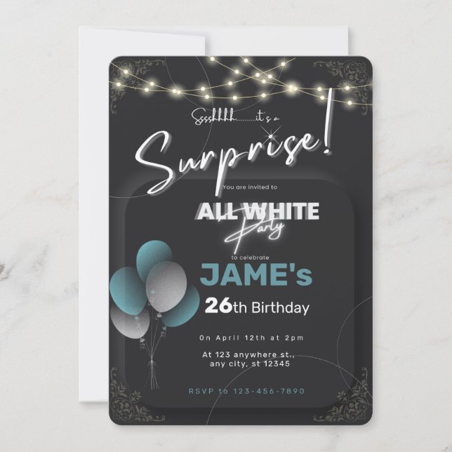 Invitation d'anniversaire surprise tout en blanc (Devant)